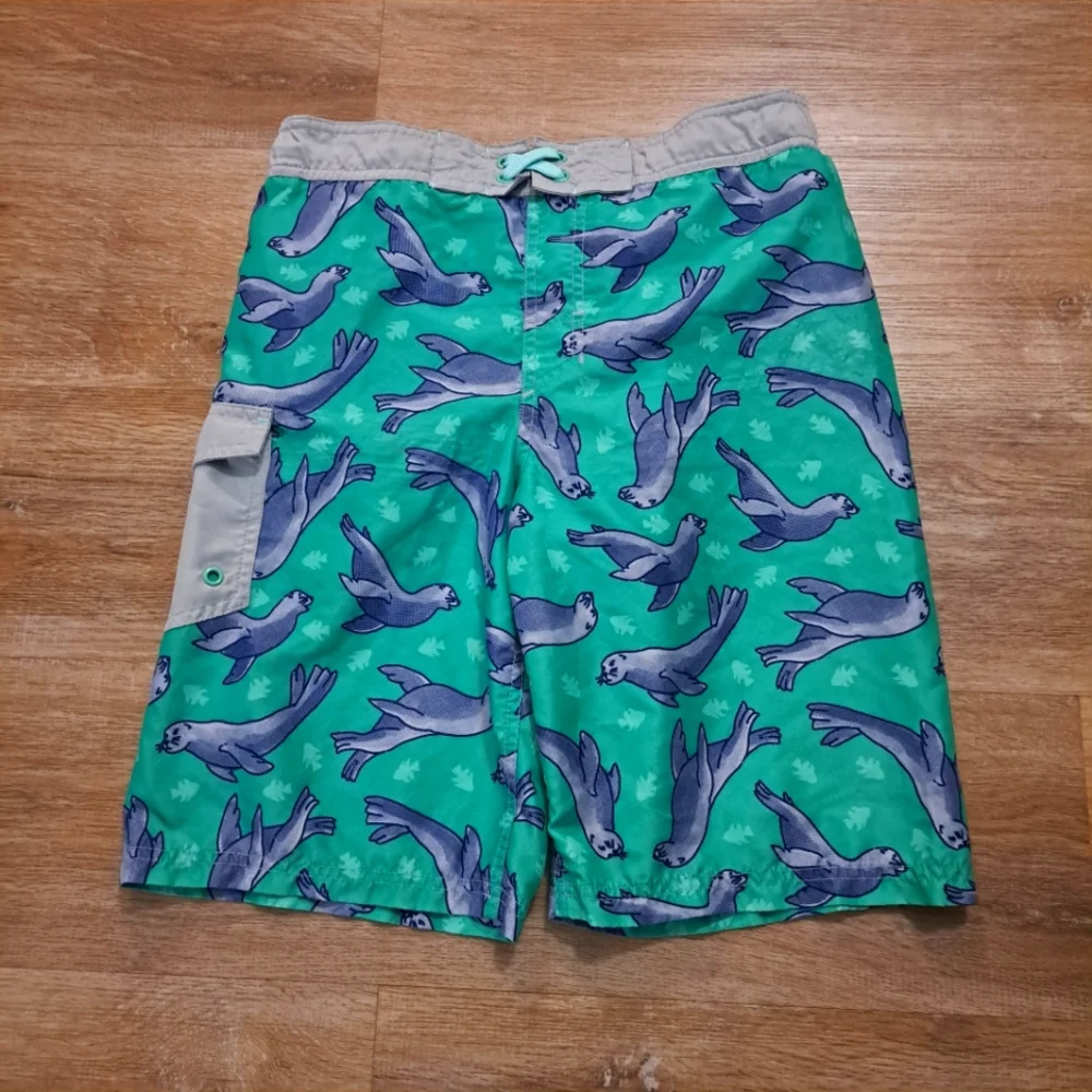 Cat & Jack Kid's Teal Blue Green Sea Lion Print Swim Shorts Drawstring Boy's XL